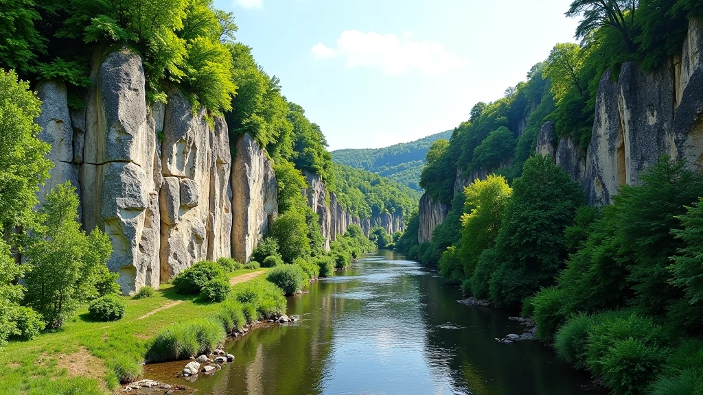 Přírodní krajina Moravského krasu s dramatickými horskými formacemi a zelenou vegetací
